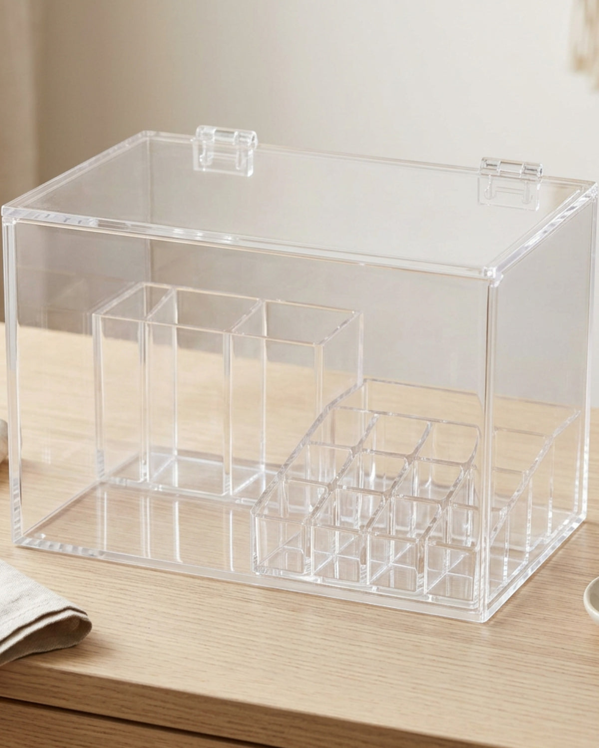 Bleod Clear Acrylic Cosmetic Storage Box 26 cm Hinged Lid - Lifestyle view