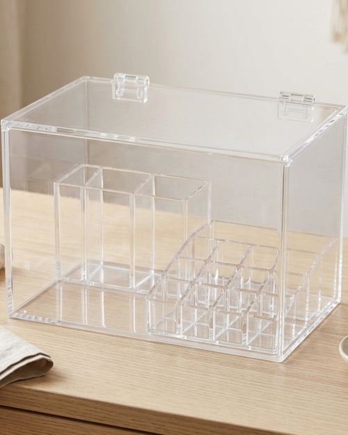 Bleod Clear Acrylic Cosmetic Storage Box 26 cm Hinged Lid - Lifestyle view